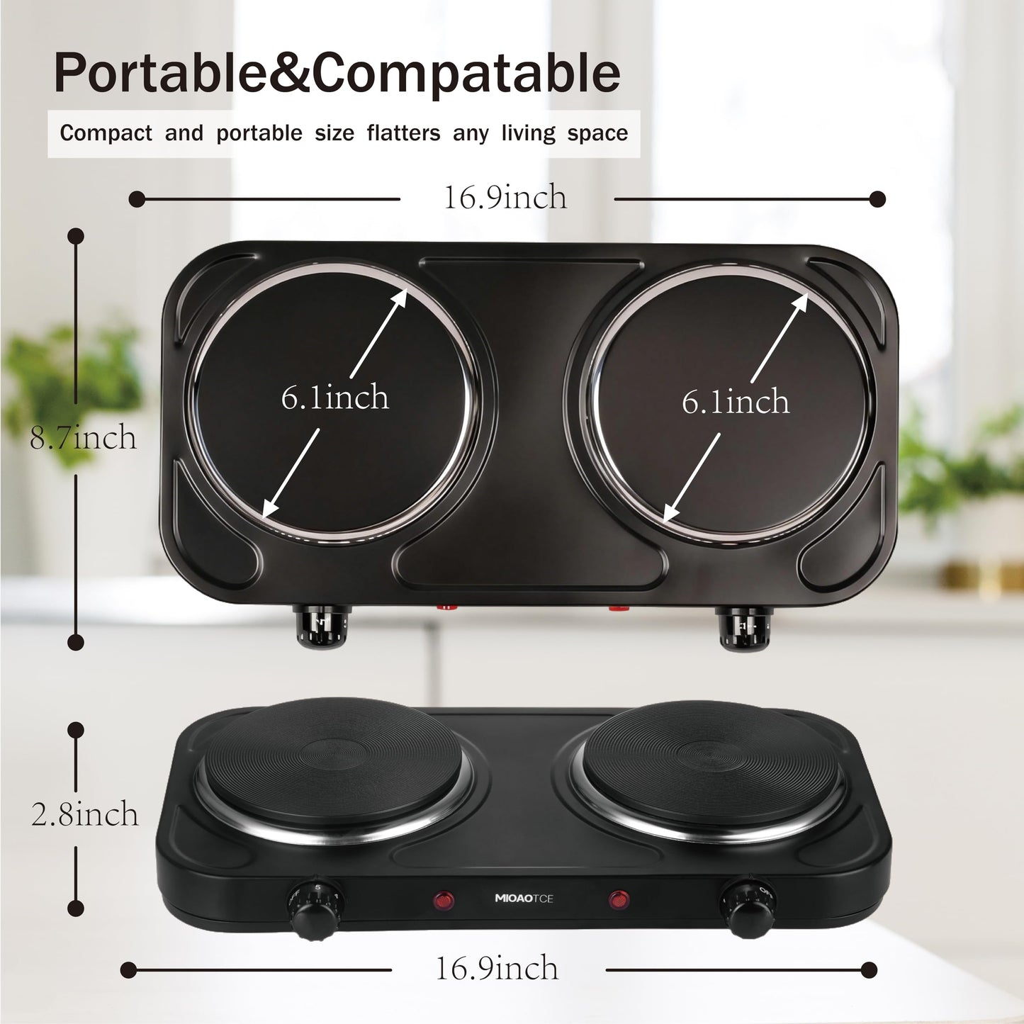 MIOAOTCE Countertop Double Cast Iron Burner 1800 Watts Electric Hot Plate with Adjustable Temperature 6.1" Cooktop for Dorm, Office, Home, Camp, Compatible for All Cookwares