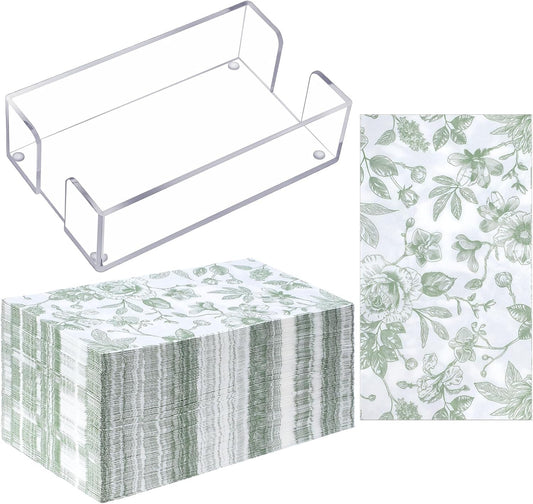 Faccito 100 Pcs Green Floral Guest Napkins with Acrylic Tissue Box, 3 Ply Green and White Paper Napkins, for Spring Summer Wedding Bridal Shower Birthday Party Supplies, 15.8 x 13 Inch