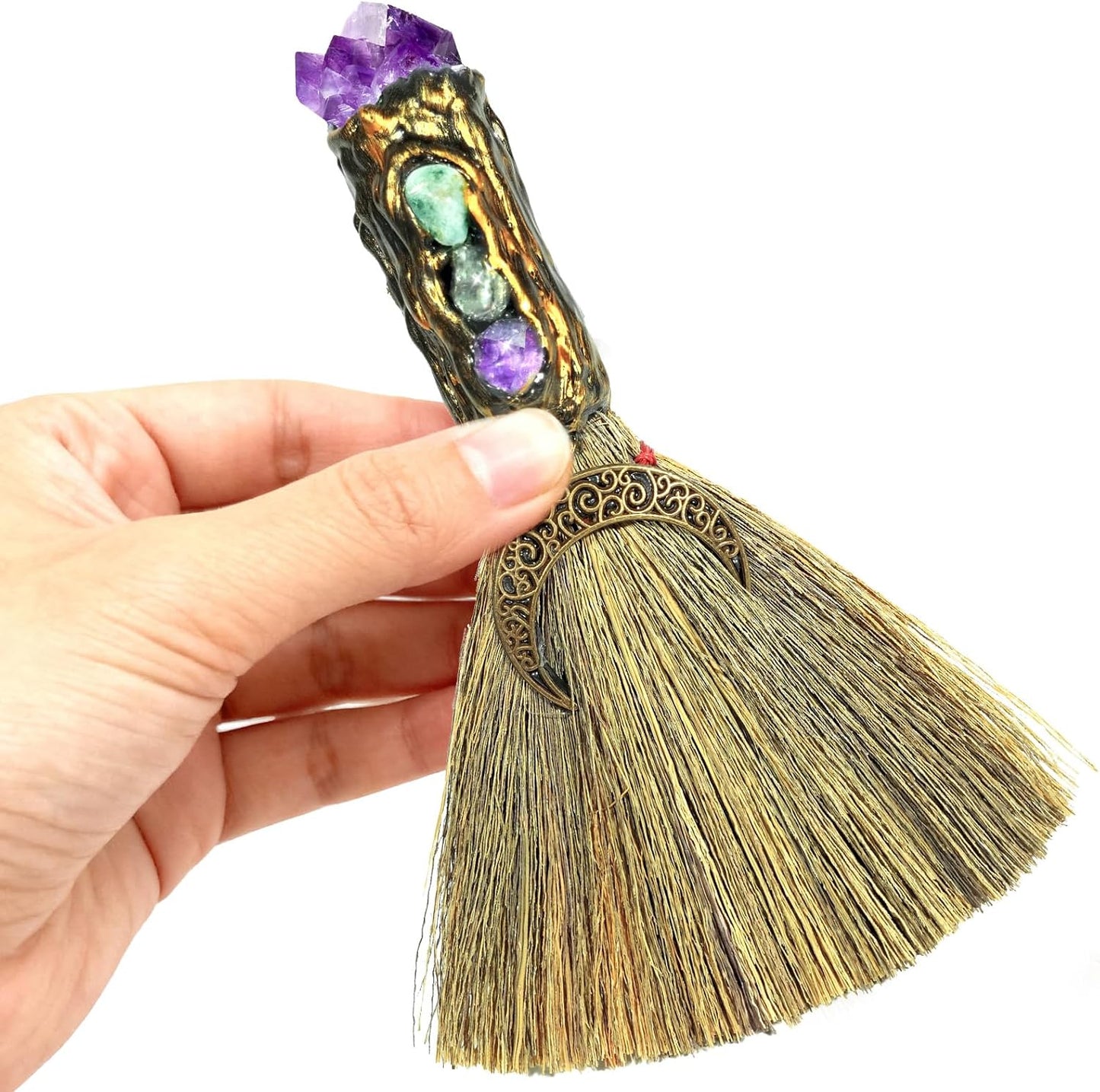 Rileryan Crystal Witch Broom Witchcraft Supplies Wiccan Stuff Broom with Healing Crystals Energy Cleaning Halloween Home Decor Gift
