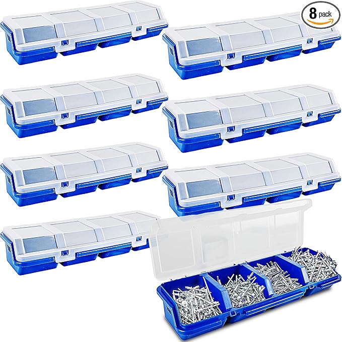 8 Pcs Screw Organizer Box Screw Parts Box with 4 Compartments Translucent Lid Tool Bins Plastic Parts Organizer for Hardware Garage Workbench Craft Organizing Storage