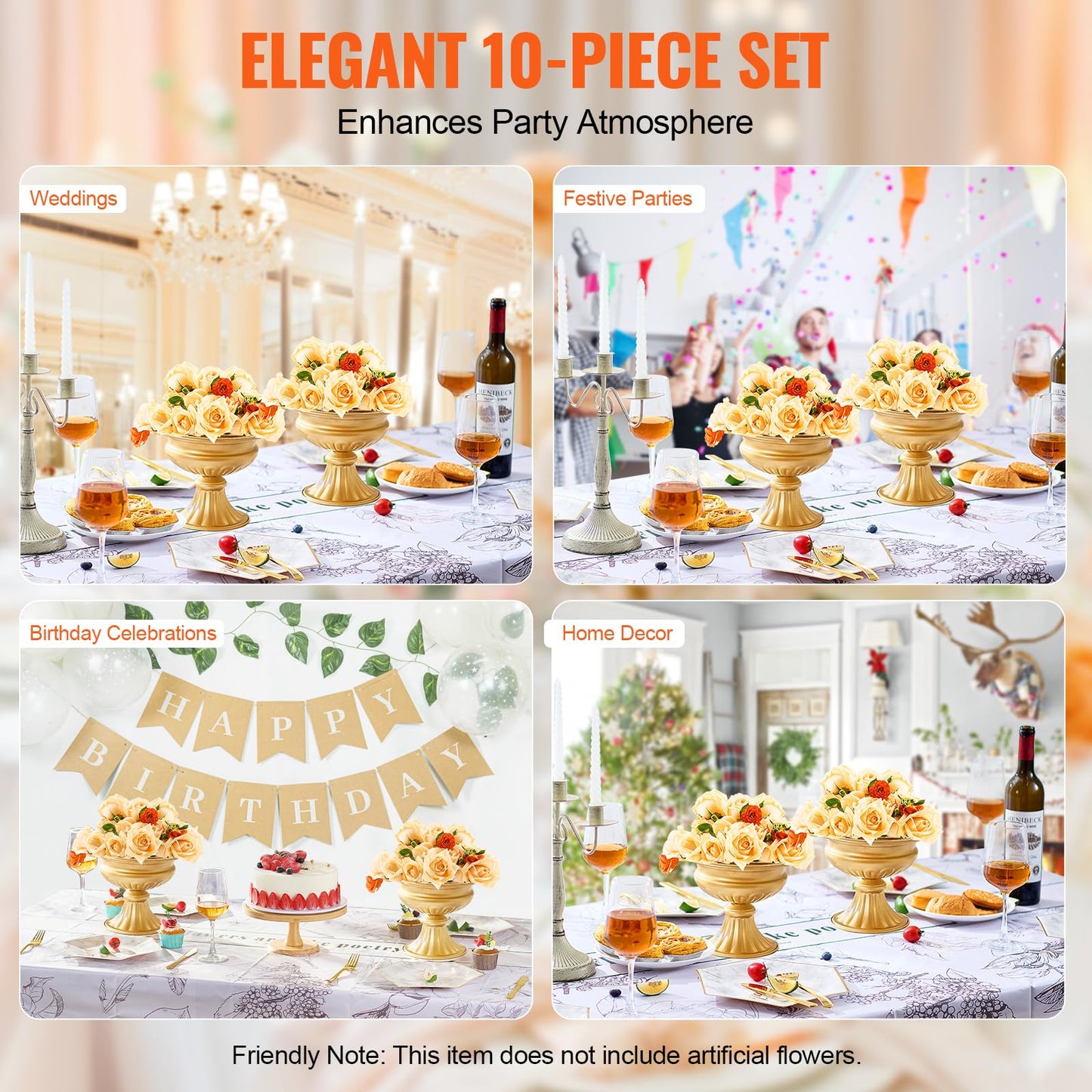 VEVOR 10PCS 16cm/6.3” Tall Wedding Flower Vase, Metal Wedding Centerpiece, Gold Floral Arrangement Stand Display Rack for Tables Wedding Dinner Party, Anniversary Ceremony Birthday Event Decor