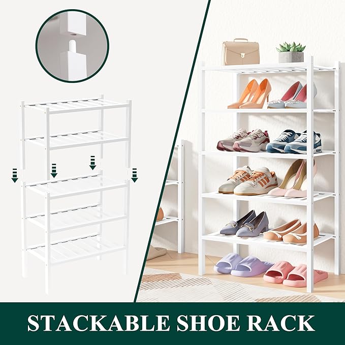 Smiry Bamboo Shoe Rack for Closet, 2 Tier Long Wooden Stackable Shoe Organizer, Free Standing Shoes Storage Shelf for Entryway, Front Door Entrance, White