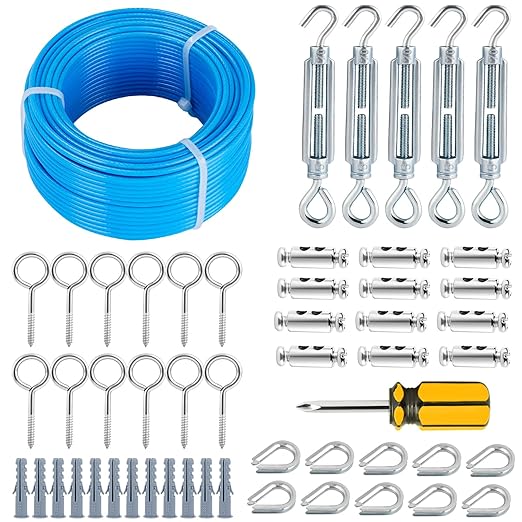 Turnbuckles for Cables Wires, 100Ft Blue PVC Coated Cable Kit, 7 Ã 7 Strands Core Wire Rope for Clothesline Wire for T Post/Grape Vine/String Light Hanging Kit