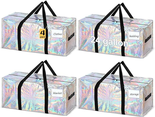 4 Pcs 24 Gallon Extra Large Moving Bags Heavy Duty Storage Bag with Strong Zipper Handle Foldable XXL Jumbo Storage Tote Packing Moving Box for College Dorm Travel Cloth Duffle (Iridescent)