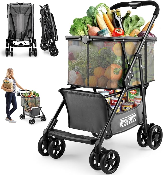ððð°ð¥ð² ðð©ð ð«ðððð Folding Shopping Cart, 80lbs Collapsible Grocery cart with Removable Basket and 360Â° Swivel Wheels, Single-hand Fold, Portable Personal Stroller Shopping Cart for Groceries