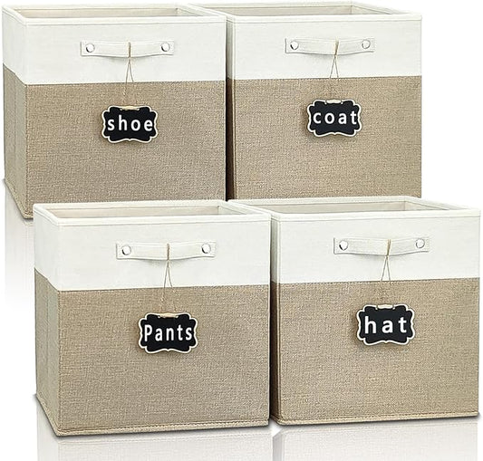 Storage Cubes,13x15x13 storage cube bins Set of 4,Foldable Fabric Storage Cubes with Labels,Linen Cube Storage Organizer Bins Kallax Storage Cubes for Organizing Shelves Cabinet(White Khaki).