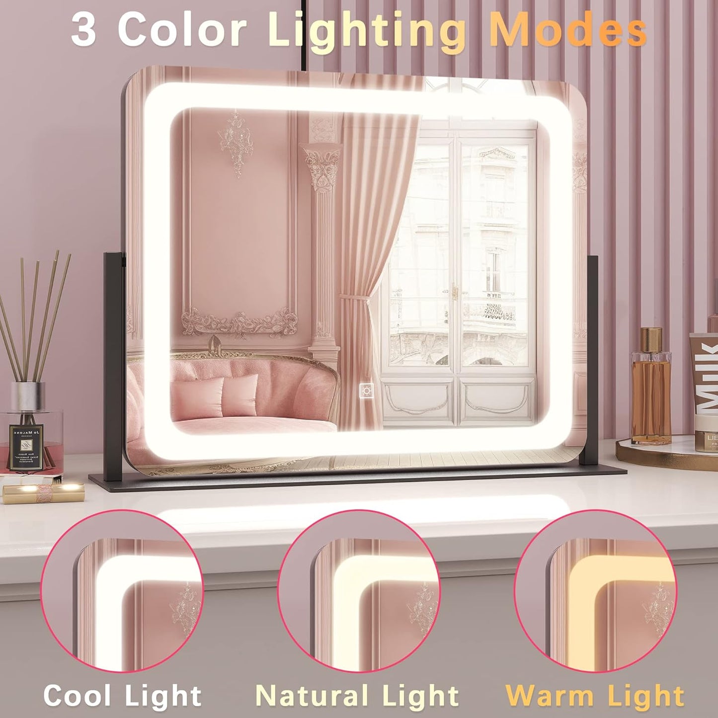 22x17 Inch Lighted Vanity Mirror with Dimmable LED Lights - 3 Color Modes, Smart Touch Control & 360° Rotating Base - Desk Makeup Mirror (Black)
