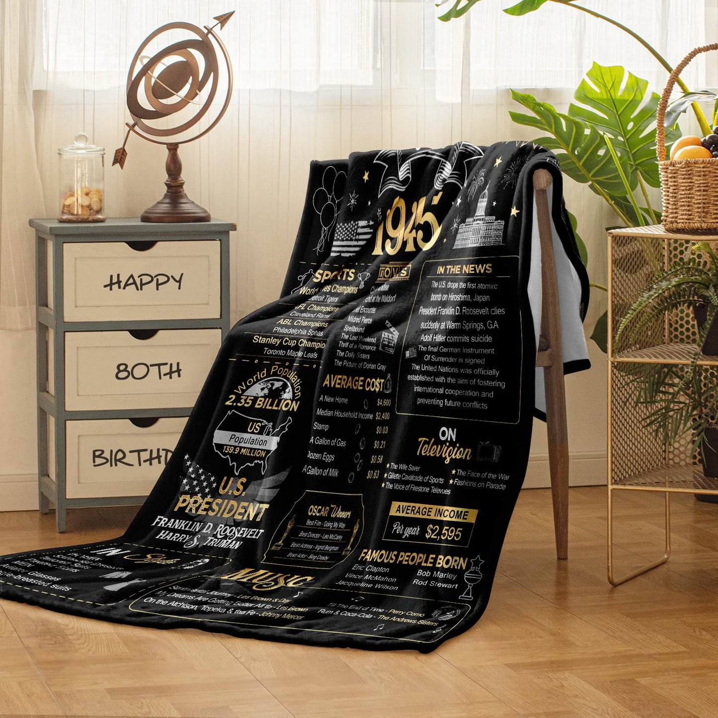 aisdfhsa 80th Birthday Gifts - Back in 1945 - Best 80th Birthday Decorations for Men & Women - Throw Blanket 60Lx50W