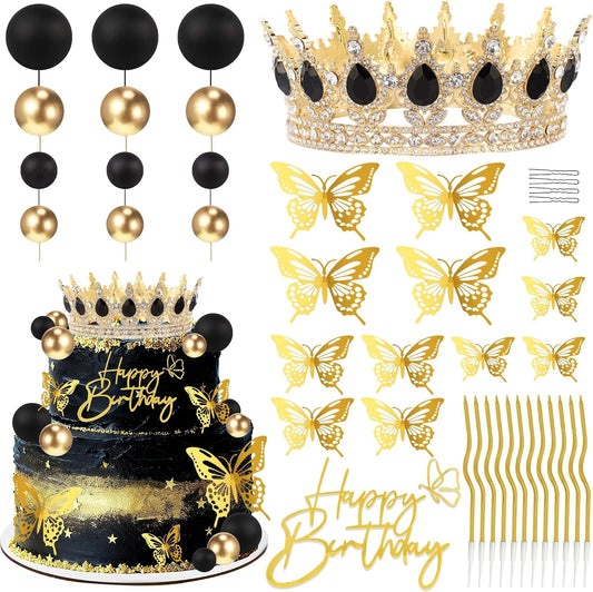 ZOYVUX Birthday Crown Cake Topper, Cake Decorations with Happy Birthday Cake Topper, Balls, Gold Butterflies, Corona Para Pastel for Women, Princess, Wedding Party Decor (Gold & Black)