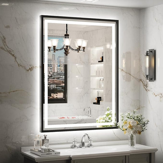 LED Bathroom Mirror, 20x28 Inch Frontlit & Backlit Black Framed Lighted Mirror,Wall Mouted Vanity with Lights,Double Lights Strips,Anti Fog Stepless 3 Colors Temperature & Dimmable