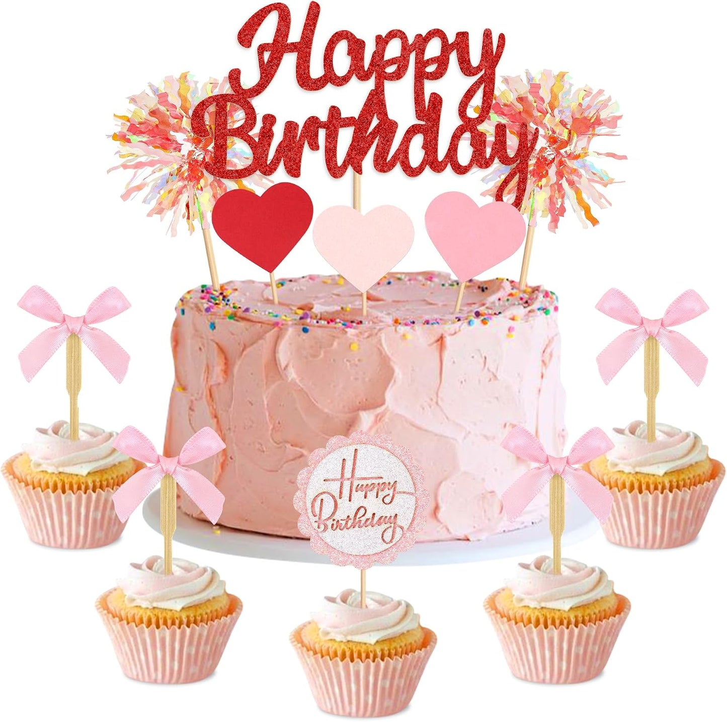 Ercadio 34PCS Glitter Red Happy Birthday Cake Topper Pink Bows Red Heart Fireworks Cupcake Picks for Girls 16th Birthday Baby Shower Velentine's Birthday Party Cake Decoration Supplies