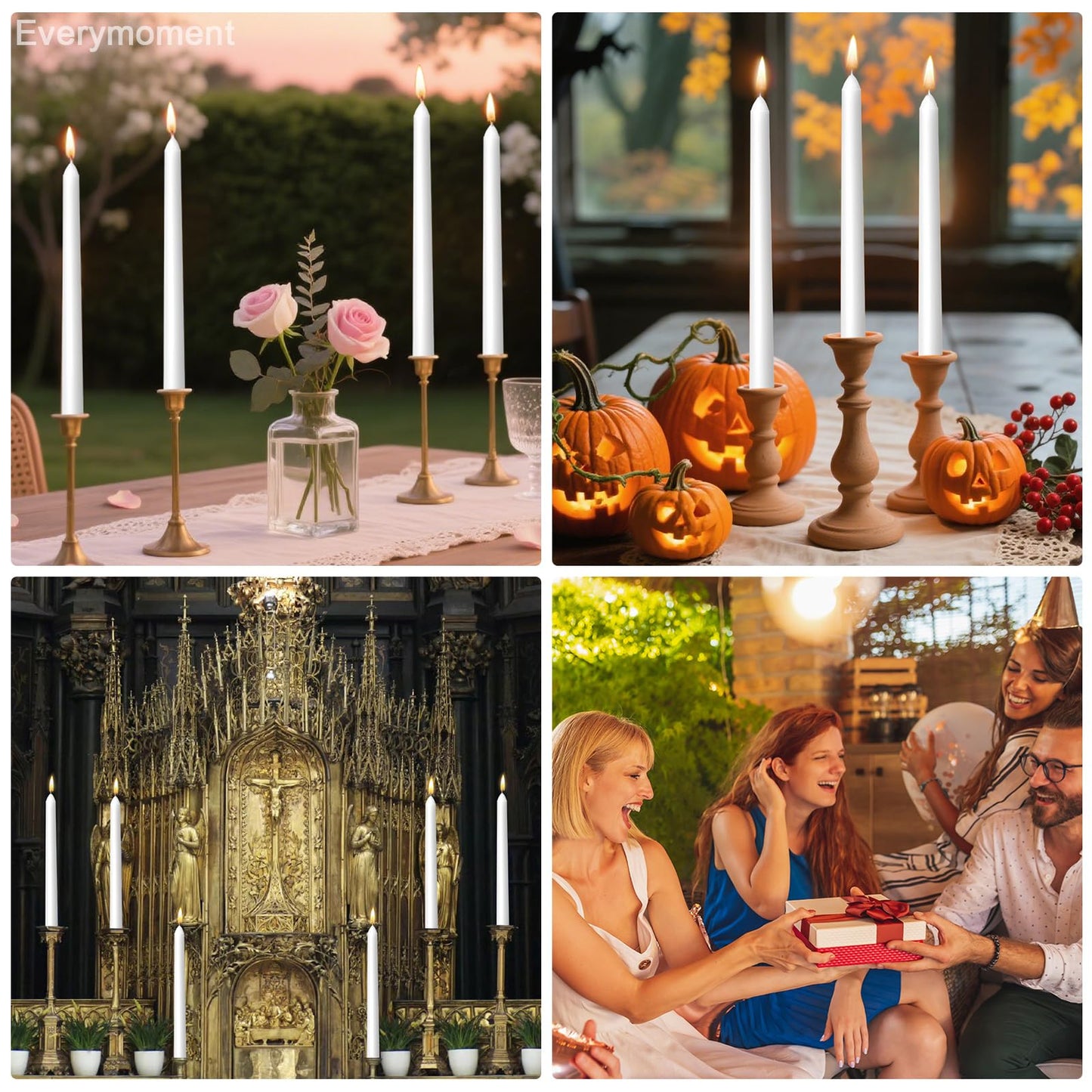Everymoment White Taper Candles - 4 Pack 10 Inch Candlesticks - Dripless & Smokeless for 8 Hours - Unscented Paraffin Wax - Perfect for Wedding Christmas Halloween Holiday Dinner Table & Home Decor