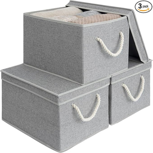 StorageWorks Storage Bins with Lids, Decorative Storage Boxes with Soft Rope Handles, Foldable Stackable Storage Baskets for Closet, Shelves, 3-Pack, Gray, Jumbo