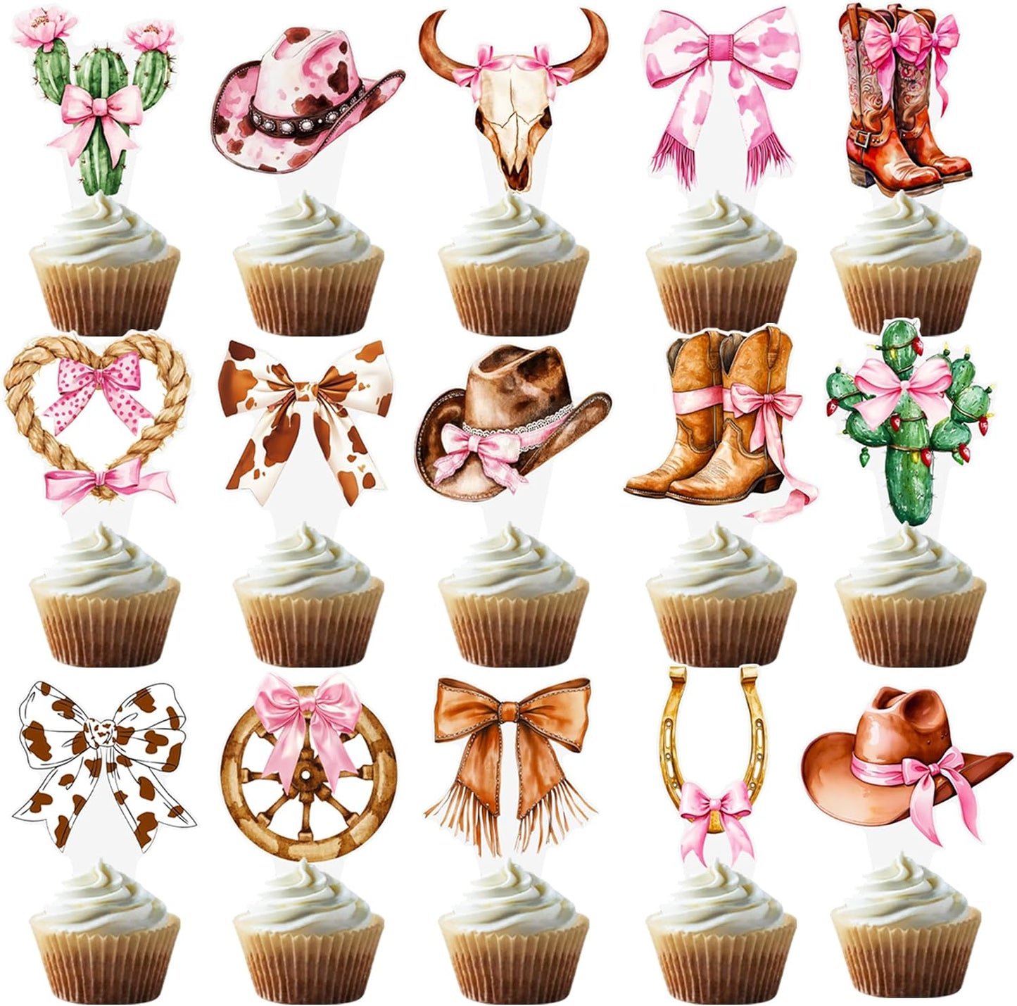 Western Cowgirl Bow Cupcake Toppers 48Pcs Brown Pink Cowgirls Birthday Decorations Disco Bowknot Cactus Cupcake Picks Coquette Cake Decor for Girls Women Baby Shower Bachelorette Party Supplies