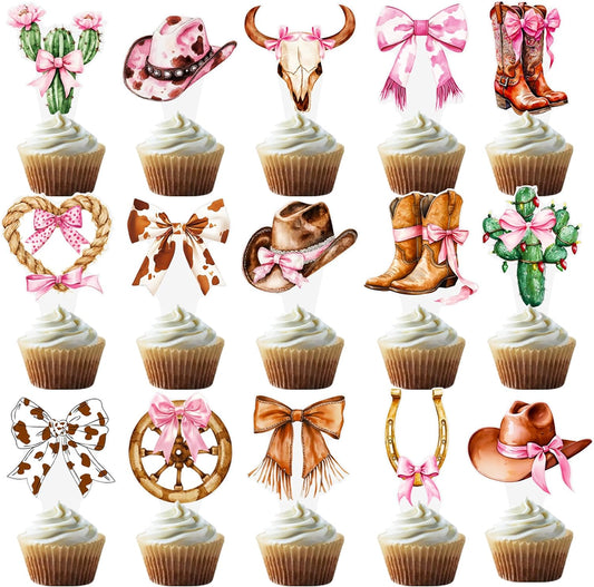 Western Cowgirl Bow Cupcake Toppers 48Pcs Brown Pink Cowgirls Birthday Decorations Disco Bowknot Cactus Cupcake Picks Coquette Cake Decor for Girls Women Baby Shower Bachelorette Party Supplies
