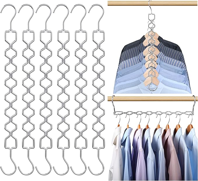 6 Pack Space Saving Hangers for Clothes, Heavy Duty 30Lbs Capacity Magic Clothes Space Saver Sturdy Metal Hanger Organizer with 360Â° Swivel Hook, Closet Organizers Storage Dorm Essentials Silver