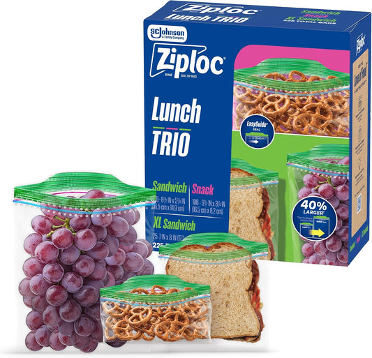Ziploc Brand Lunch Trio Variety Pack with EasyGuide Texture, Grip ’n Seal Technology, 225 count