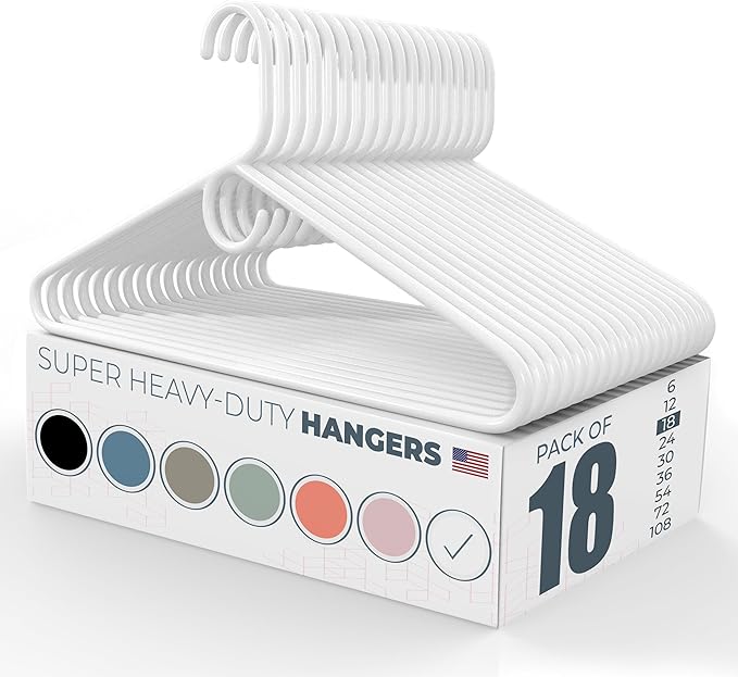 Neaties Super Heavy Duty Clothes Hangers 18 Pack â Made in The USA - 10lb Capacity, Thick Plastic Hangers for Pants, Coats, Jackets, Jeans and Adult Clothing â White