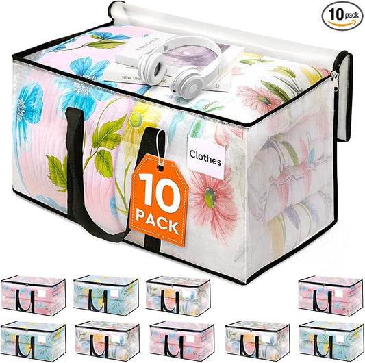 HomeHacks Clear Moving Bags Heavy Duty 10 Pack, Storage Bags with Zipper, Extra Thick Handles & Waterproof Packing Boxes for Moving, Camping, Home Organization 93L/24Gal (28.7"x14.2"x14")