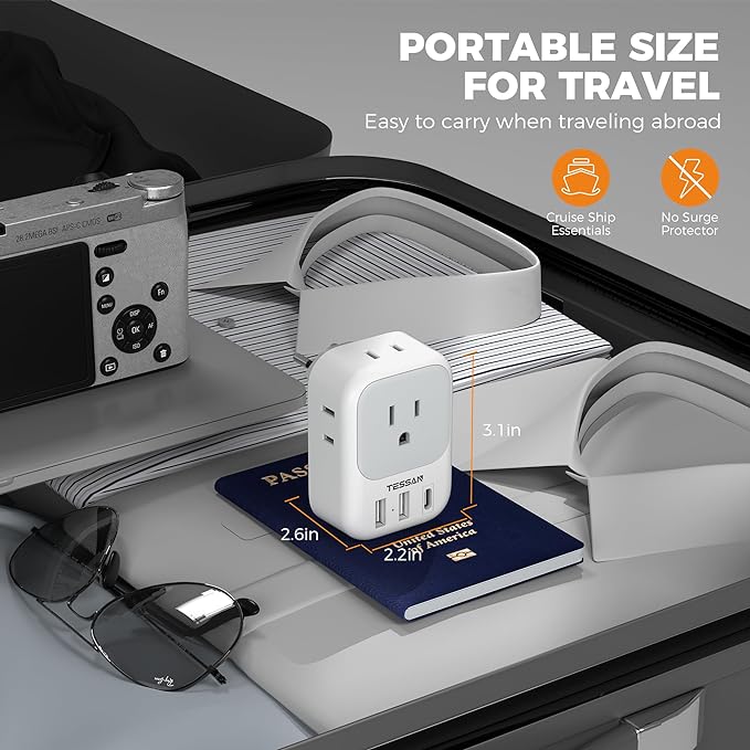 Switzerland Power Adapter 2 Pack, TESSAN Type J Adaptor with 4 Outlets 3 USB Charging Ports(1 USB C), Swiss Travel Plug for US to Switzerland, Liechtenstein, Rwanda