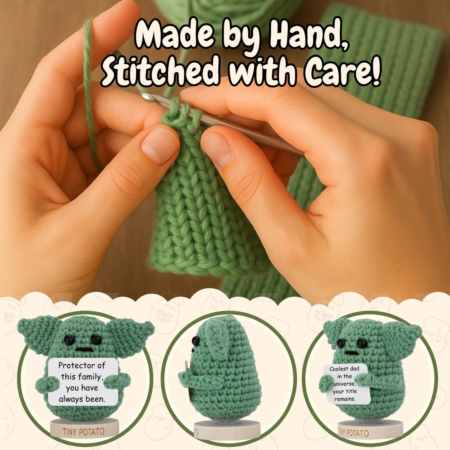 Dad Gifts From Son Daughter - Handmade Baby Yoda Positive Crochet with 30 Funny Signs - Yoda Best Dad Ever Birthday Gift for Husband, Stepdad, Friend - Funny Birthday Presents