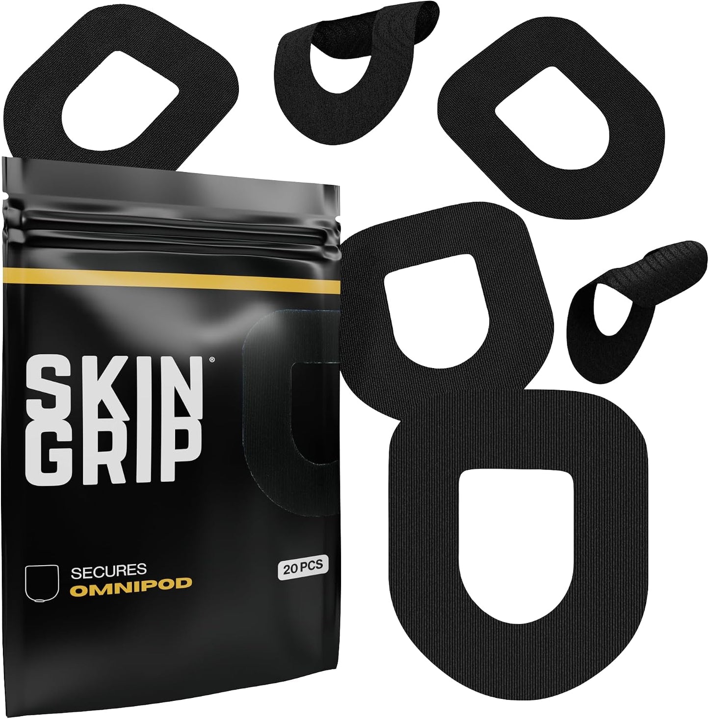 Skin Grip Insulet Omnipod 5 Adhesive Patches Waterproof & Sweatproof (Also Fits Omni pod Dash), Pre-Cut Medical Tape, Ultimate Insulin Pump Protection, Diabetic Sensor Covers, 20-Pack, Black