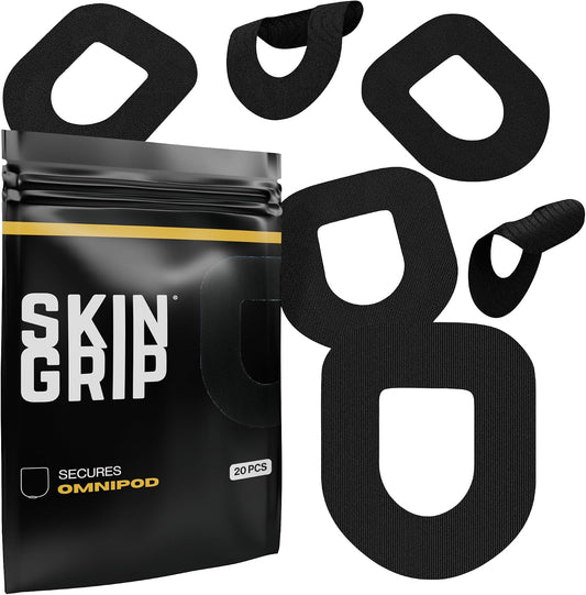 Skin Grip Insulet Omnipod 5 Adhesive Patches Waterproof & Sweatproof (Also Fits Omni pod Dash), Pre-Cut Medical Tape, Ultimate Insulin Pump Protection, Diabetic Sensor Covers, 20-Pack, Black