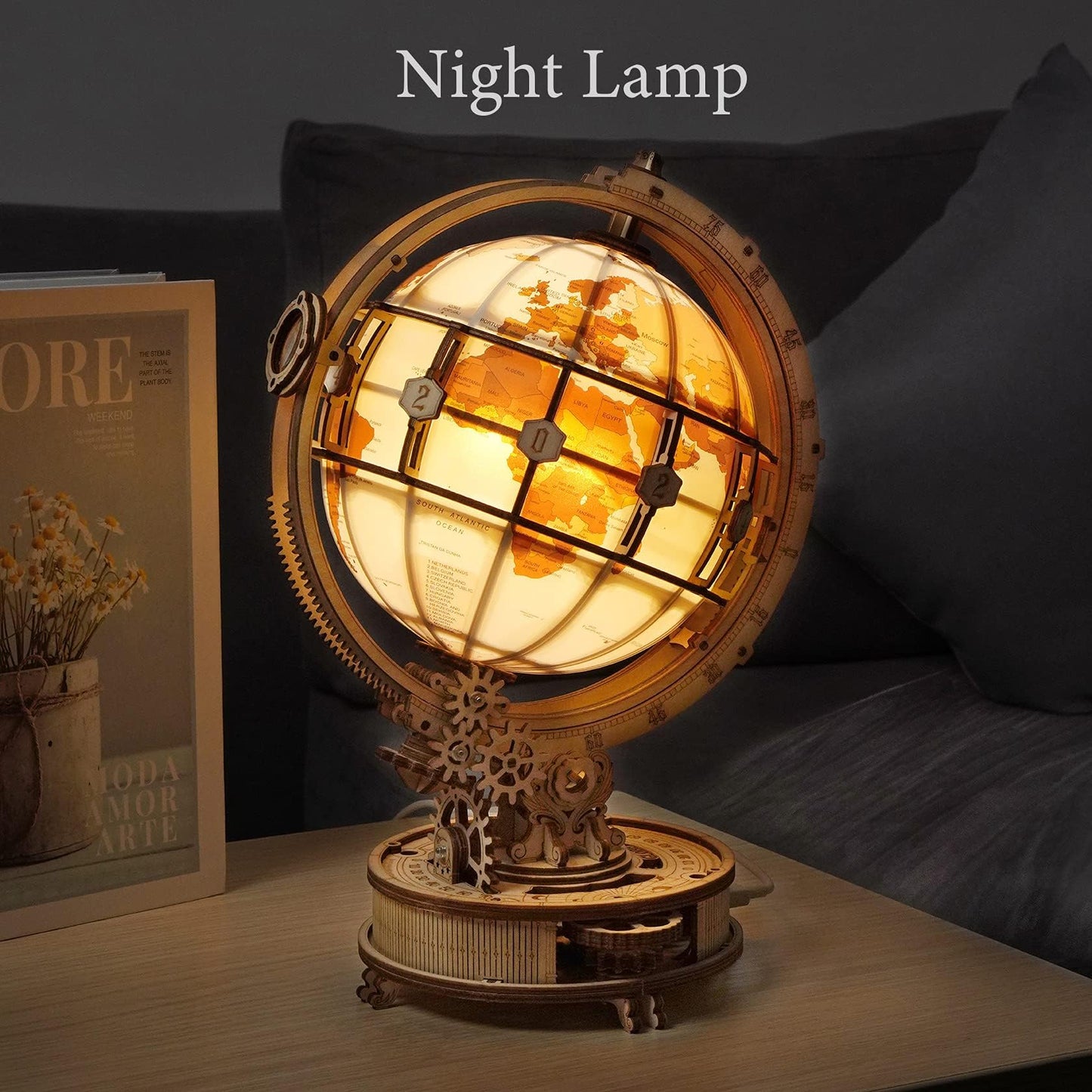 ROKR 3D Wooden Puzzles for Adults Illuminated Globe with Stand 180pcs 3D Puzzles Built-in LED Model Kit Hobby Gifts for Adults Home Decor