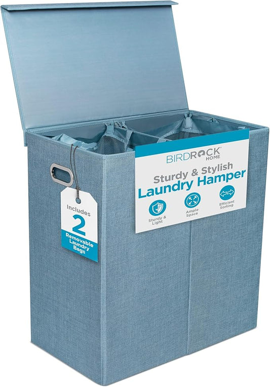 BIRDROCK HOME Laundry Hamper with Lid | Removable Bags for Sorting Clothes | Sectioned Laundry Basket for Bedroom & Bathroom | Collapsible Storage Bin with Cover | Double, Light Blue