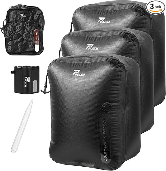Vacuum Bags for Travel with Wireless Pump, 180Â° Open Zipper, IP67 Waterproof, Reusable Space Saver Compression Bags for Backpack, Suitcase, Home Storage(3 Pack + Pump)