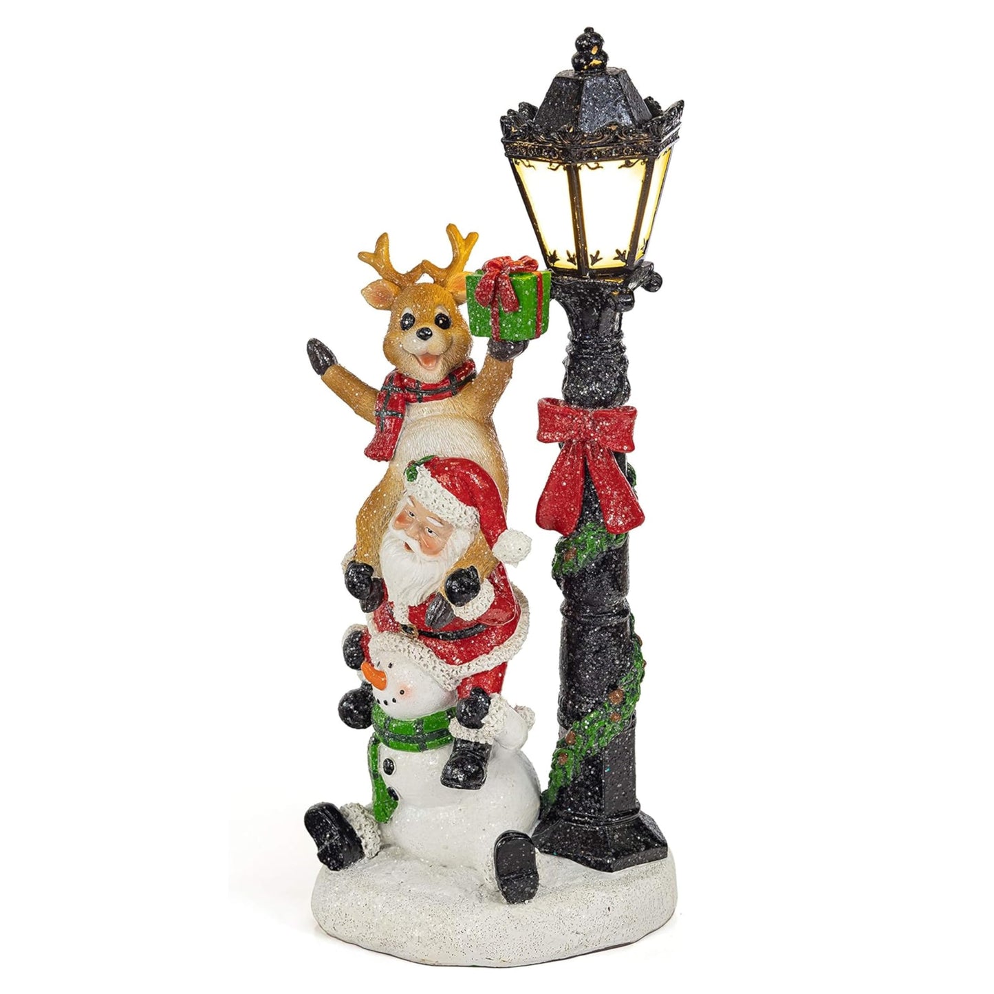 VP Home Christmas Figurines Light-Up Santa and Friends Trio - Resin Indoor Christmas Decorations with LED Holiday Lights - Festive Santa Claus Decor with Fiber Optics - 4 x 4 x 15 Inches