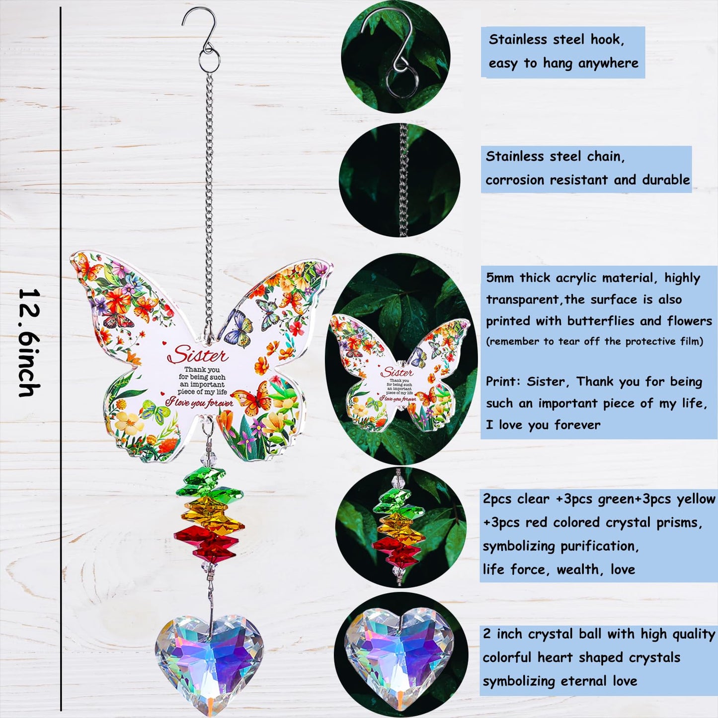 Birthday Gifts for Sister,Butterfly Suncatcher for Sister,Thank You Gifts for Women,Sun Catcher Appreciation Gift,Crystal Suncatcher for Indoor Window Hanging Rainbow Maker (Butterfly)