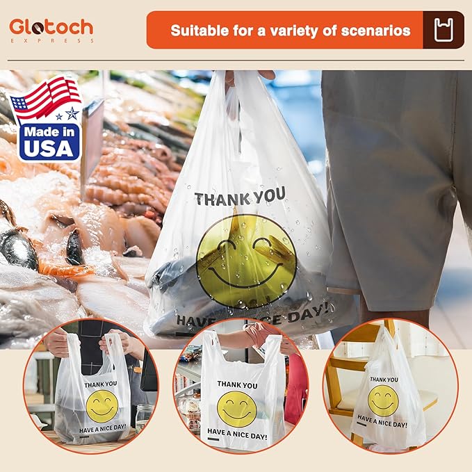 Glotoch 20000 (20K) Ct Plastic Thank You T-shirt Bags Smile Face, 11.5 x 6.5x 21" Have Nice Day Grocery Shopping Gift Bag with Handles for Restaurant, Retail, Togo, Convenience Store, in Bulk Business