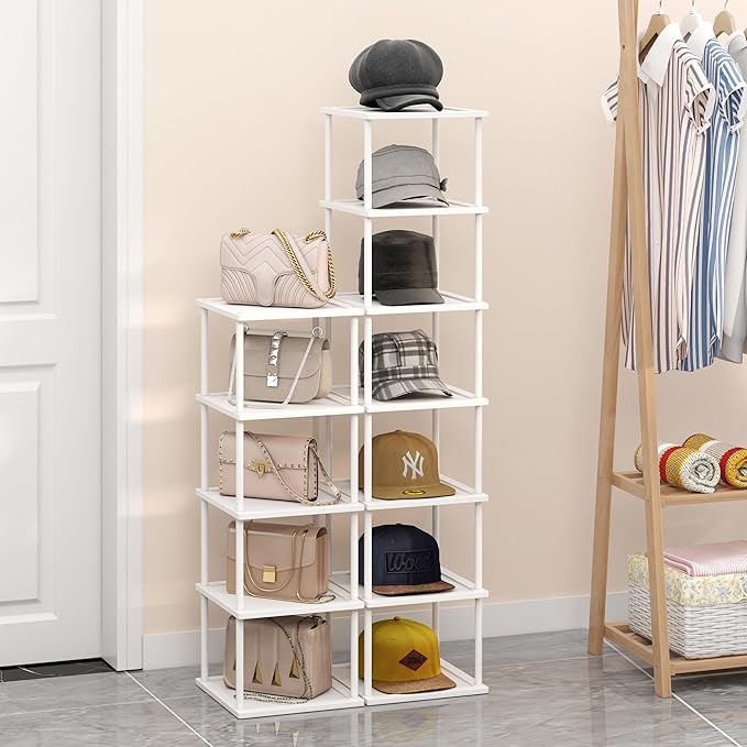 Vertical Tall Shoe Rack Organizer for Entryway -12 Tier Free Standing Slim Narrow Bamboo Wood Corner Stackable Shoe Boots Storage Stand Small Spaces for Closet Garage Cloakroom Living Room (White)