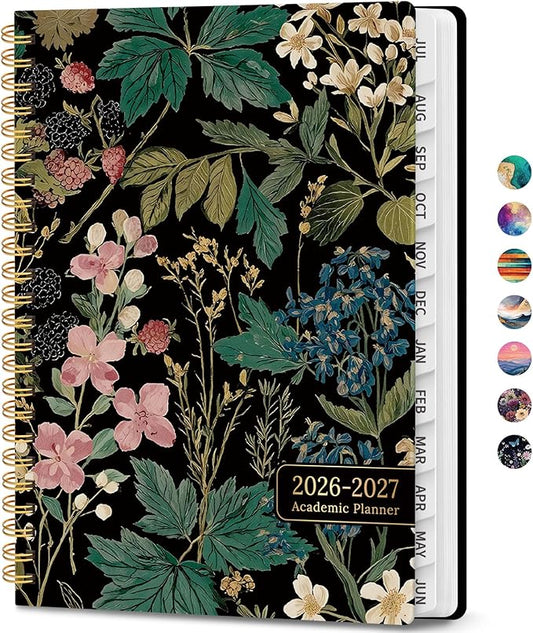 Academic Planner 2026-2027, Weekly and Monthly Calendar Book, July 2026 – June 2027, Hardcover Planner with Tabs, Perfect for Teachers, Students, Women & Men, A5 (6.4" x 8.5") - Forest Botanica