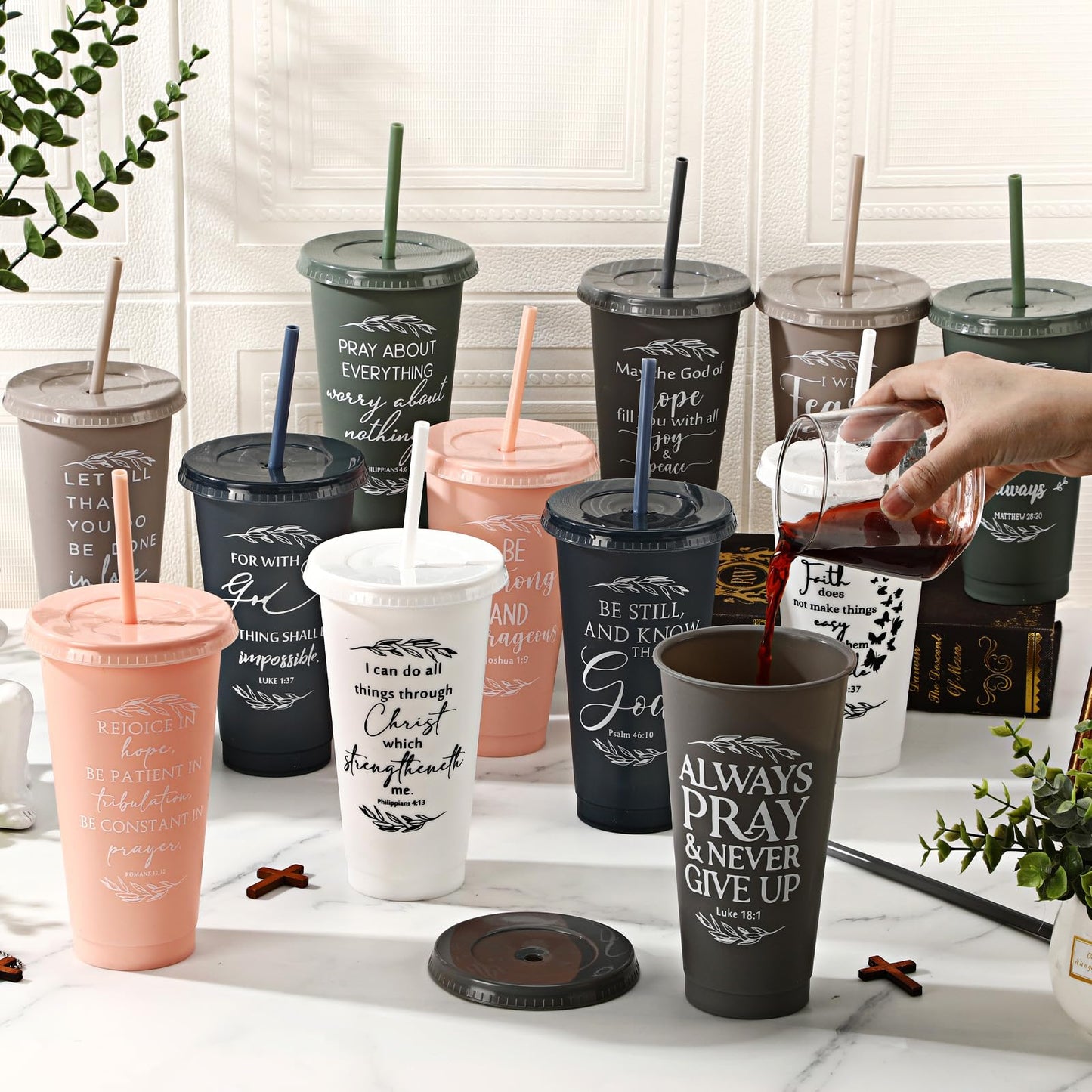 Havawish Inspirational Christian Gift Bible Verse Tumbler Bulk 24 oz Drinking Tumblers with Lid Straw Religious Plastic Cup for Pastor Appreciation Day Women Men Sunday School Church(Vivid Color,24)