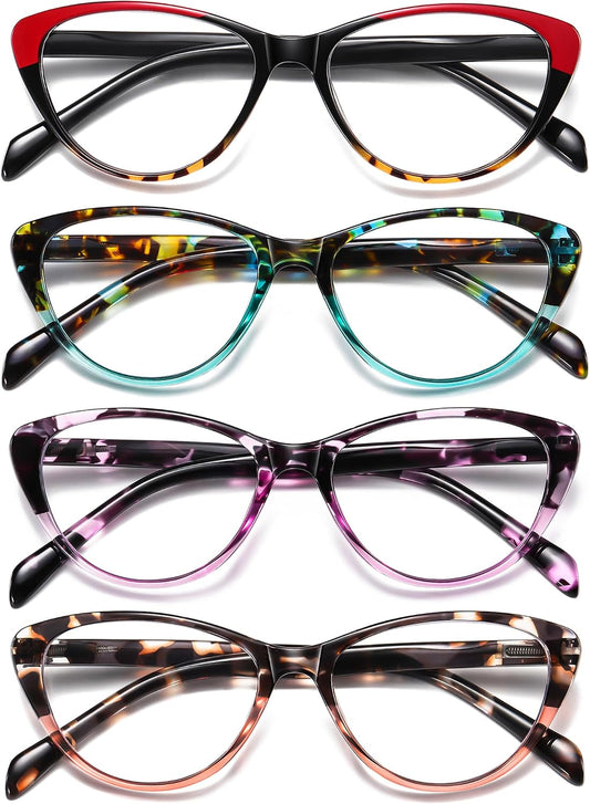 Cat Eye Reading Glasses for Women Blue Light Blocking,Readers for Women 3.0 with Comfort Spring Hinges,Fashion Designer Ladies Eyeglasses(4 pack)