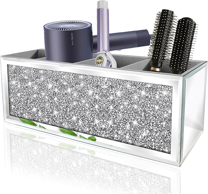 Mirror Hair Dryer Holder.ï¼4 compartmentsï¼.Crystal Crush Diamond Hair Tool Organizer Wall Mount. Silver Bathroom Cabinet Tray for Blow Dryers, Hairdryer Straightener, Brushes (14.6âx4âx5â)