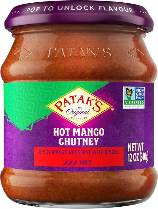 Patak’s Hot Mango Chutney - Sweet & Spicy Mango Chutney with Paprika & Red Chile - Vegan & Gluten-Free - Perfect for Meats, Cheese Platters & Veggie Dips - 12 oz (Pack of 3)
