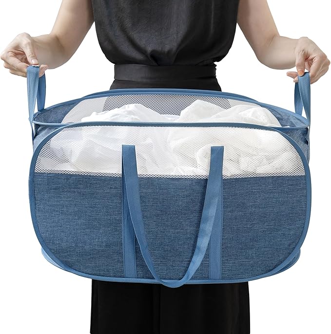 pop-up laundry basketï¼with Durable Handles collapsible Mesh laundry Hamper,Easy to Open and Fold,Premium Cationic Fabricâ¦ (Cationic blue)