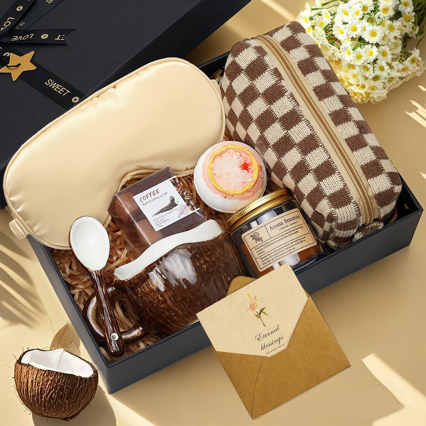 Golray Spa Gift Set for Women, Brown Relaxing Bath Gift with Coconut Mug & Coffee Soap, Women Care Package Get Well Soon Gift, Unique Mothers Day Gifts Idea for Mom Her Friends Sister Wife