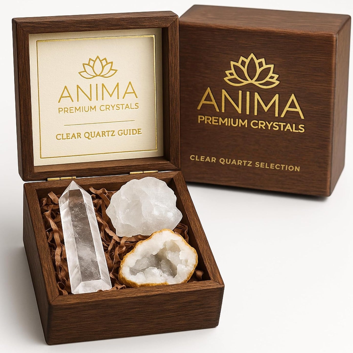 Anima Premium Clear Quartz Crystal Set for Clarity, Focus & Energy Amplification – Authentic Clear Quartz Tower, Cluster & Raw Crystal Presented in Elegant Wooden Gift Box – Responsibly Sourced