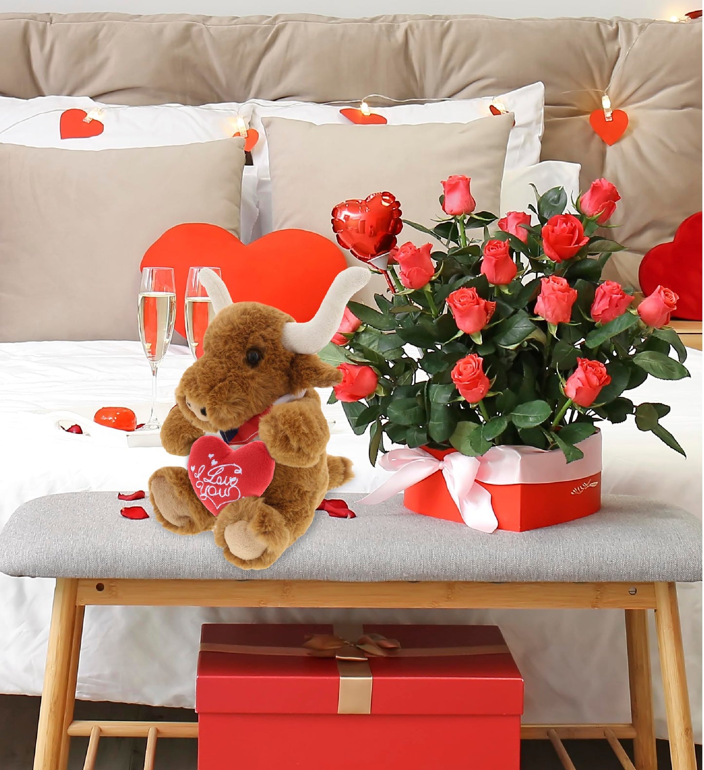 DolliBu I Love You Plush Texas Longhorn - Cute Stuffed Animal Texas Longhorn with Red Heart Plush for Valentines, Anniversary, Romantic Date, Boyfriend, or Girlfriend Gift - 8 Inches