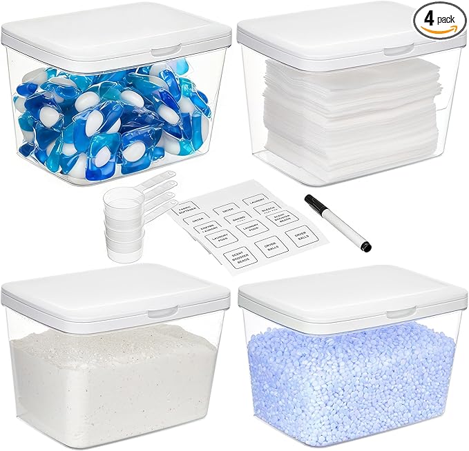 Vtopmart 4 Pack Laundry Pods Container and Dryer Sheet Holder, Detergent Powder Container with Lids &Labels & Scoop for Laundry Room Organization, Laundry Storage for Powder, Pods, Scent Booster Beads