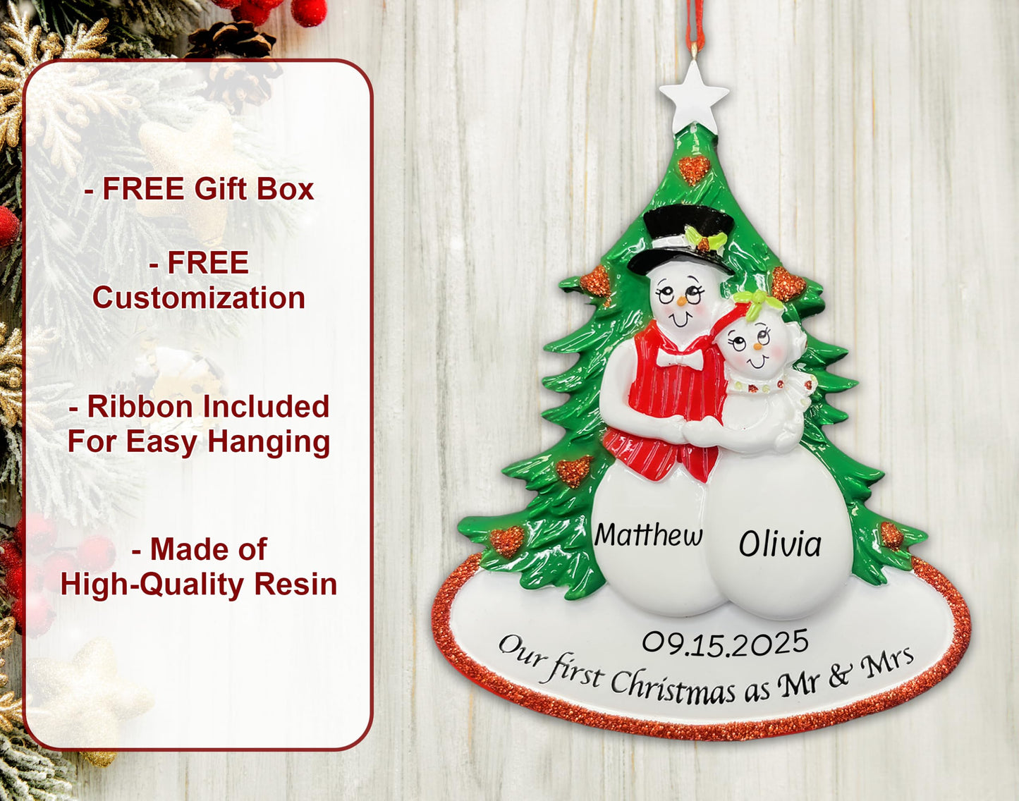 Personalized Our First Christmas as Mr & Mrs Ornament 2025 | Custom Newlywed Snowman Couple for Xmas Tree | 1st Year Married Wedding Marriage Gift