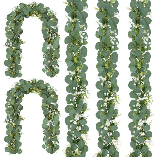 CQURE 5Pcs Eucalyptus Garland,Artificial Eucalyptus Leaves Table Greenery Garland Wreath Vines for Wedding Table Fireplace Bedroom Room Decor