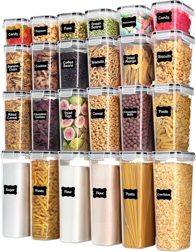 Airtight Food Storage Containers with Lids, Vtopmart 24 pcs Plastic Kitchen and Pantry Organization Canisters for Cereal, Dry Food, Flour and Sugar, BPA Free, Includes 24 Labelsï¼Black