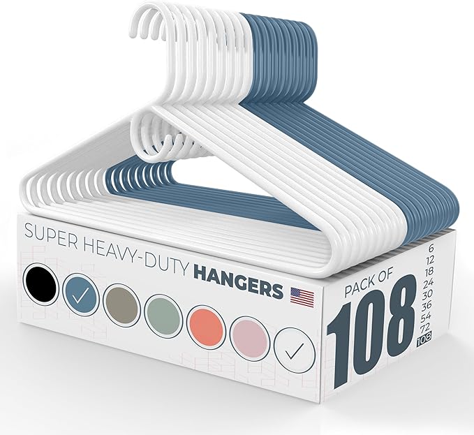 Neaties Super Heavy Duty Clothes Hangers 100 Pack (108 Count) â Made in The USA - 10lb Capacity, Thick Plastic Hangers for Pants, Coats, Jackets, Jeans and Adult Clothing â White & Blue