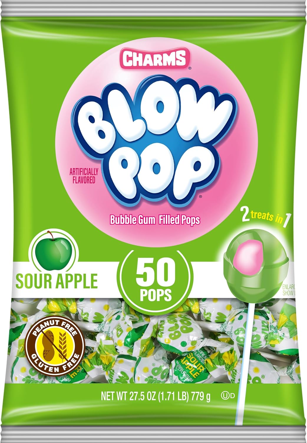 Charms Blow Pop Single Flavor Bag - Sour Apple Flavored Lollipops with a Bubble Gum Center - Individually Wrapped Hard Candy - Green Candy - Peanut Free, Gluten Free, 50 Count (Pack of 1)