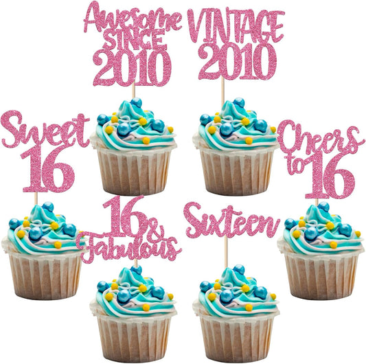 Rsstarxi 24 Pack Sweet 16th Cupcake Toppers Glitter Sixteen 16 Fabulous Vintage 2010 Cupcake Picks for Cheers to 16th Birthday Wedding Anniversary Party Cake Decorations Pink